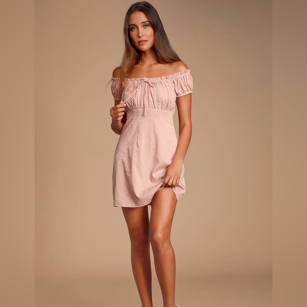 Lulus Wisteria Blush Pink Embroidered Off-the-Shoulder Mini Dress